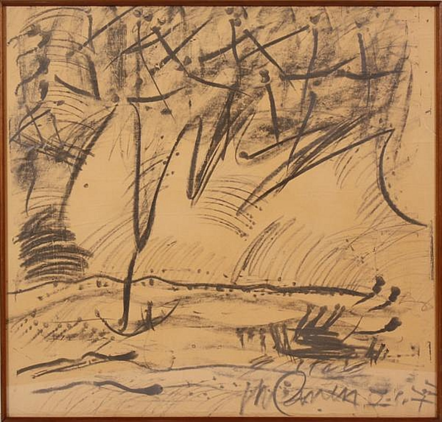 A graphite bar on paper drawing of the Olympic Mountains by John Moilanen - 1977.