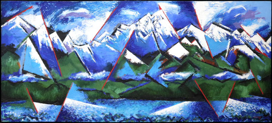 An oil painting of the Olympic Mountains in 1987. This painting is on the easel in the photo above.